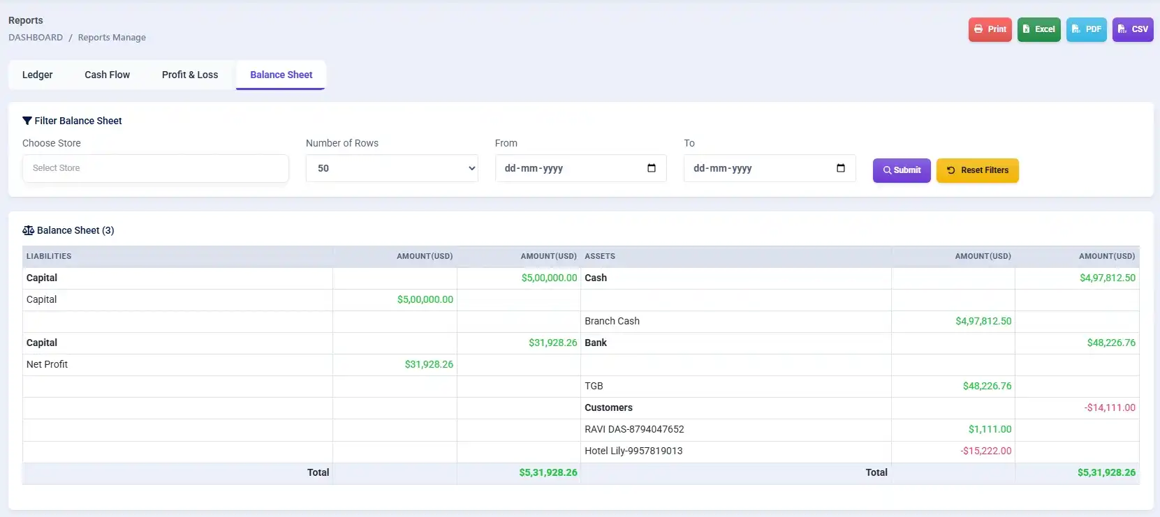Balance Sheet report in Laundry Grow Accounting module