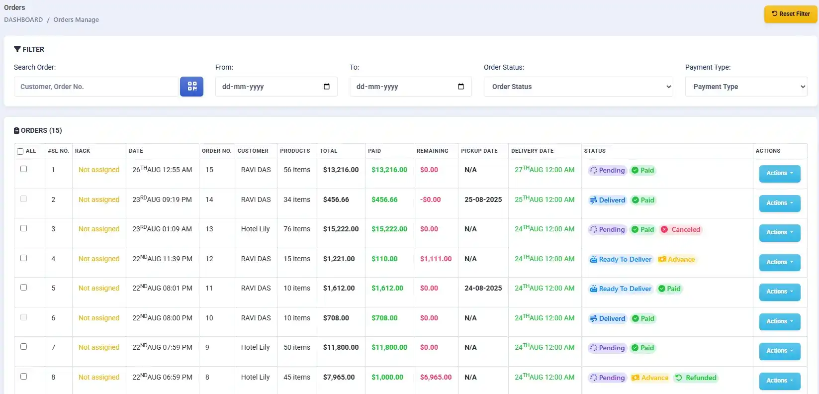 Order Management feature in Laundry Grow software