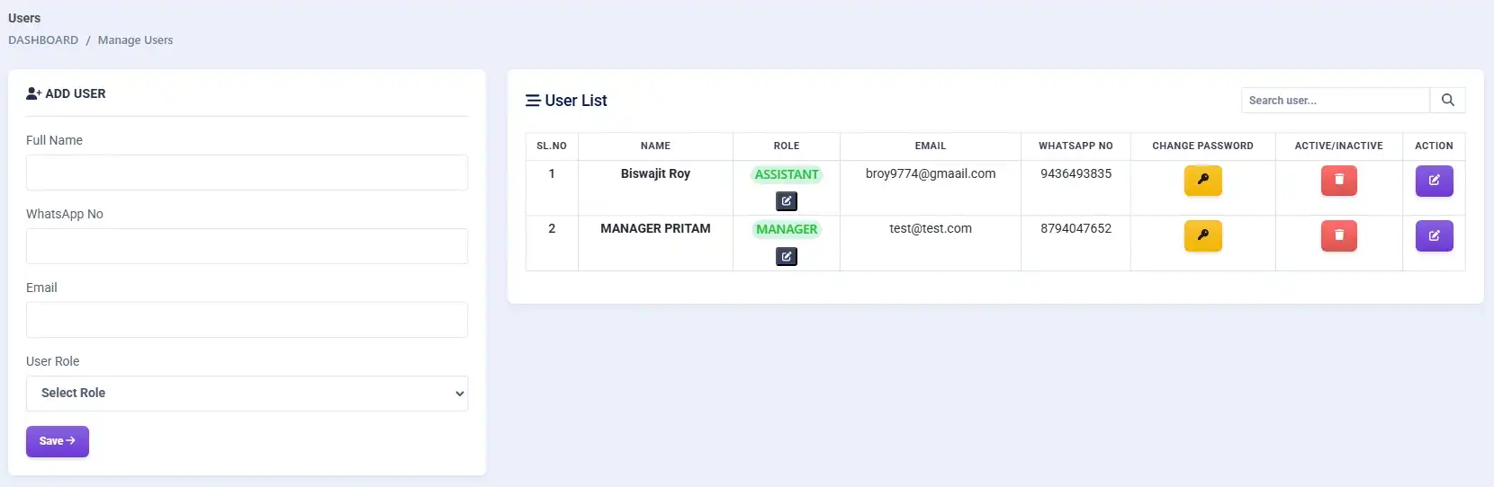 User Management feature in Laundry Grow software